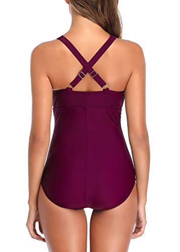 Ruched Tummy Control One Piece Swimsuit Swimwear Retro Vintage Bikini Bathing Suit Swimming Costume for Women, Dark Purple-oz, L