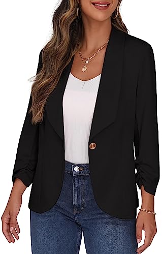 PrinStory Womens Blazer Suit Open Front Cardigan 3/4 Ruched Sleeve Work Office Blazer Jacket (Black, 18-20)