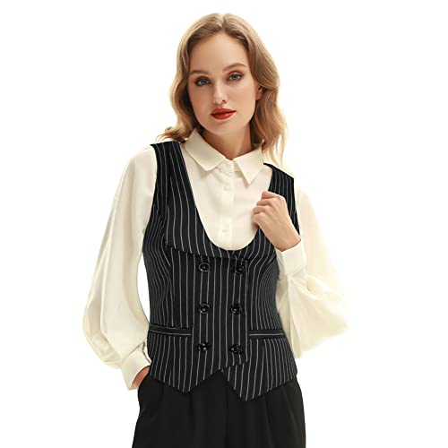 Belle Poque Business Style Suit Vest for Women Lapel Collar U-Neck Classic Stripes Waistcoats Black White Stripes BP0613-02 L