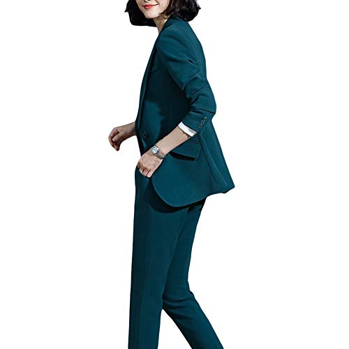 YFFUSHI Women 2-Piece Trouser-Suit Jacket Ladies Formal Office Business Blazer Coat Green