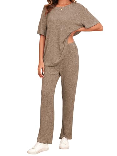 Famulily Oversized Long Tops and Wide Leg Trousers Pyjamas for Women Casual Summer Loungewear Sets 2 Piece Going Out Knit Leisure Sports Yoga Suits (M, Khaki)