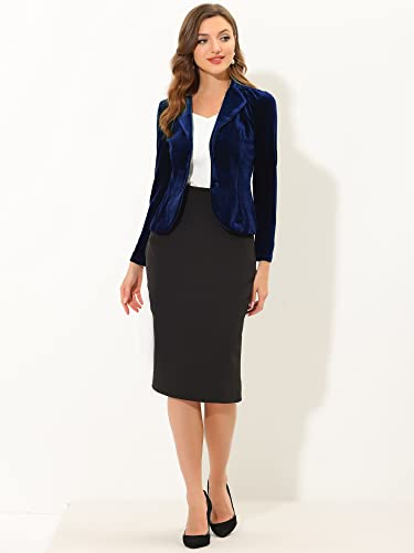 Allegra K Women's Notched Lapel Suit Jacket Long Sleeve Office Business Velvet Blazer Dark Blue 16