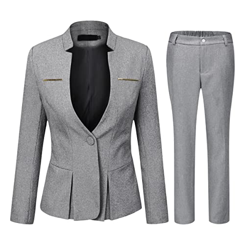 YYNUDA Women's Suit 2 Piece Slim Fit One Button Blazer Jacket Office Work Trouser Suits Skirt Suits, L, Light Grey 1