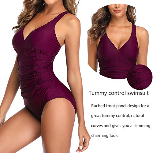 Ruched Tummy Control One Piece Swimsuit Swimwear Retro Vintage Bikini Bathing Suit Swimming Costume for Women, Dark Purple-oz, L
