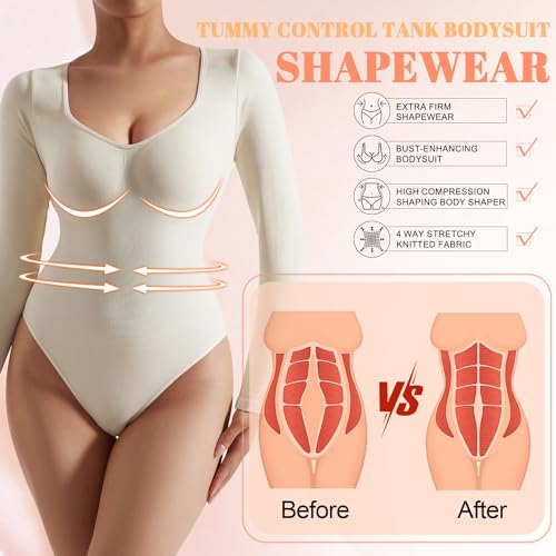 OMKAGI Ribbed Seamless Shapewear for Women Sweetheart V Neck Long Sleeve Bodysuit Tummy Control Body Shaper(L,Black)
