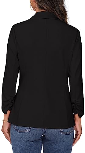 PrinStory Womens Blazer Suit Open Front Cardigan 3/4 Ruched Sleeve Work Office Blazer Jacket (Black, 18-20)