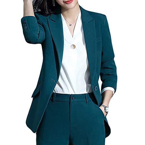 YFFUSHI Women 2-Piece Trouser-Suit Jacket Ladies Formal Office Business Blazer Coat Green