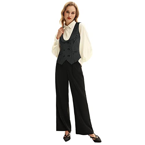 Belle Poque Business Style Suit Vest for Women Lapel Collar U-Neck Classic Stripes Waistcoats Black White Stripes BP0613-02 L