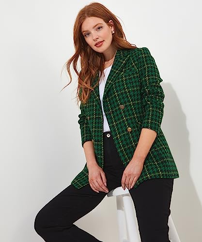 Joe Browns Women's Green Check Co-Ord Suit Longline Double Breasted Blazer, Green, 10