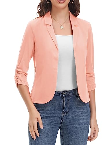 GRACE KARIN Women Lapel Collar Blazer Jacket Ruched Sleeve Open Front Cropped Cardigan Dark Pink L