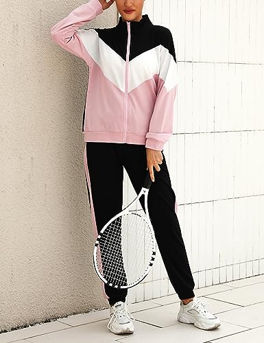 Marvmys Women Tracksuit Set Long Sleeve Stripe Zip Up Sweatshirt Drawstring Baggy Jogger Pant Loungewear Set Joggings Suit Sport Yoga Gym Workout Outfit Full Tracksuit A-Pink-3 XL