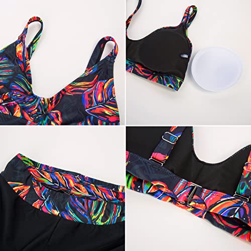 Long Sleeve Full Zip Up Rash Guard Swimsuits for Women 3 Piece Swimwear Bathing Suit with Boyshort Black Purple Leaves M