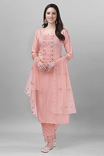 TRENDMALLS Women's Cotton Embroidery Kurta Pant Suit Set (TM.G103-LightPink-3XL)