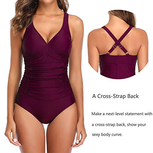 Ruched Tummy Control One Piece Swimsuit Swimwear Retro Vintage Bikini Bathing Suit Swimming Costume for Women, Dark Purple-oz, L