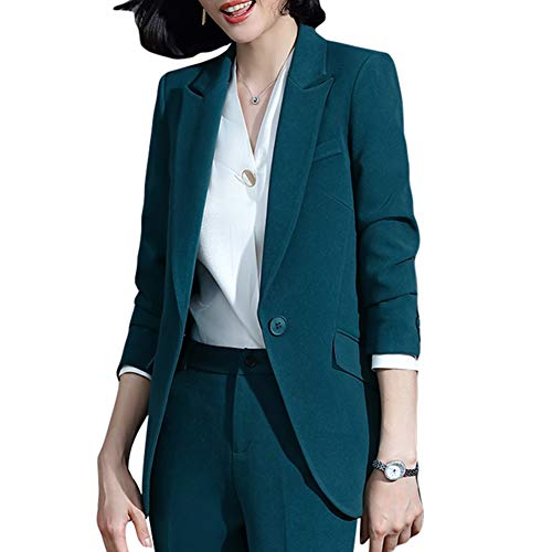 YFFUSHI Women 2-Piece Trouser-Suit Jacket Ladies Formal Office Business Blazer Coat Green