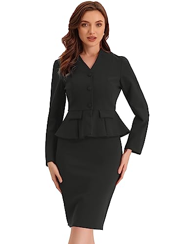 Allegra K Business 2 Piece Suit Set for Women's Long Sleeve Collarless Peplum Blazer Pencil Skirts Black L