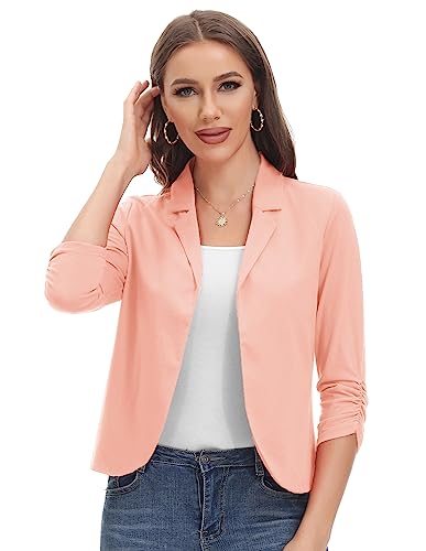 GRACE KARIN Women Lapel Collar Blazer Jacket Ruched Sleeve Open Front Cropped Cardigan Dark Pink L