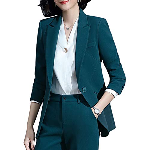 YFFUSHI Women 2-Piece Trouser-Suit Jacket Ladies Formal Office Business Blazer Coat Green
