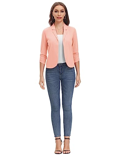 GRACE KARIN Women Lapel Collar Blazer Jacket Ruched Sleeve Open Front Cropped Cardigan Dark Pink L
