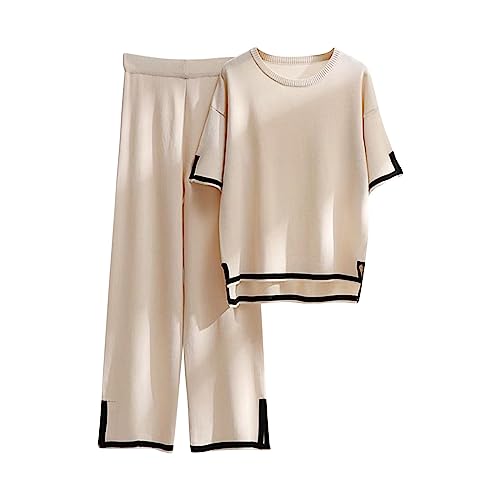 Co Ord Sets for Women 2 Piece Outfits Women Sales Sweater Sets 2 Piece Lounge Sets Silk Feel Oversized Casual Short Sleeve Knit Pullover Tops Wide Leg Pants Tracksuit Homewear Elegant Trousers Sets