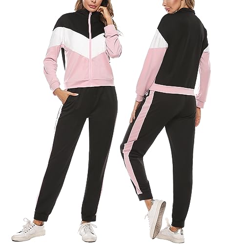 Marvmys Women Tracksuit Set Long Sleeve Stripe Zip Up Sweatshirt Drawstring Baggy Jogger Pant Loungewear Set Joggings Suit Sport Yoga Gym Workout Outfit Full Tracksuit A-Pink-3 XL