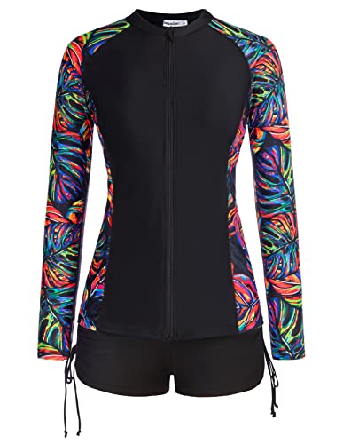 Long Sleeve Full Zip Up Rash Guard Swimsuits for Women 3 Piece Swimwear Bathing Suit with Boyshort Black Purple Leaves M