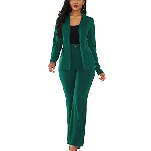 Cocoarm Women's Suit 2 Piece Slim Fit One Button Jacket Office Work Trouser Suits Skirt Suits Business Suits Long Sleeved Suit Jacket and Suit Trousers Lapel Slim-fit Trousers (XL) Green