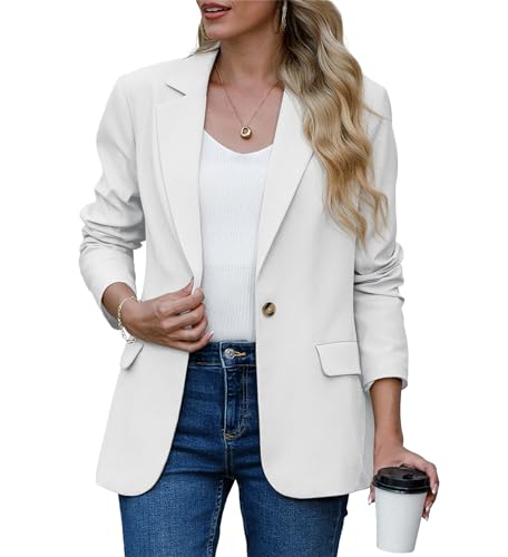 GRECERELLE Womens Blazer Suit Notch Lapel Open Front Cardigan Casual Blazer with Long Sleeves Pockets and Single Button Design for Office Wear (White, US 16= UK 20)