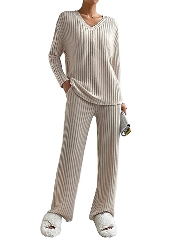 SotRong Womens Lounge Wear Sets Ladies Leisure Suits Two Piece Outfit Tracksuit Set Long Sleeves V Neck Baggy Pullover Tops Wide Leg Long Pants Apricot M
