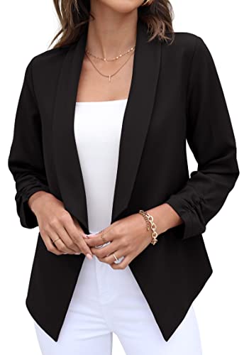 GRECERELLE Womens Blazer Suit Open Front Cardigan 3/4 Ruched Sleeve Casual Work Office Cropped Blazer Jacket for Ladies (Black, US 10= UK12-14)