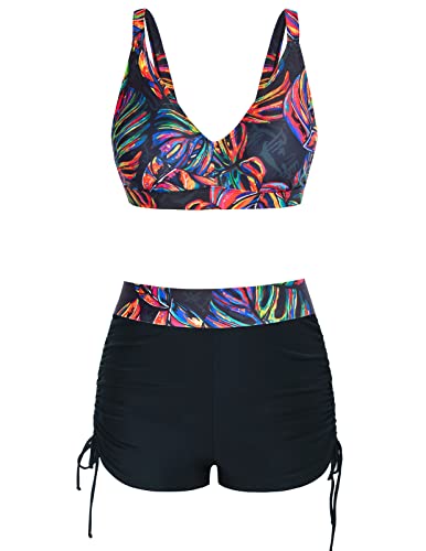 Long Sleeve Full Zip Up Rash Guard Swimsuits for Women 3 Piece Swimwear Bathing Suit with Boyshort Black Purple Leaves M