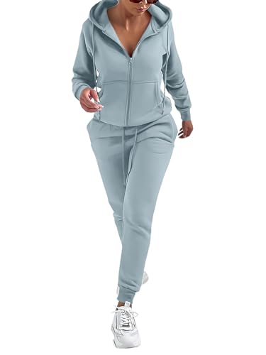 REORIA Women Zip Up Hoodie and Slim Long Pants Warm Cotton Lounge Wear Sets Two Piece Outfit Thick Long Sleeve Tracksuits Full Set Co Ord Sets With Pockets Mist Blue L