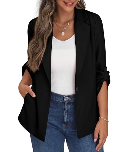 PrinStory Womens Blazer Suit Open Front Cardigan Adjustable Sleeve Work Office Blazer Jacket with Buttons Pockets (Black, 18-20)