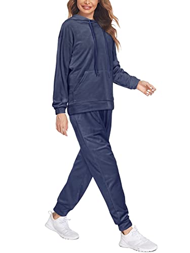 REORIA Womens Long Sleeve Hoodie Jogger Crewneck Two Piece Outfit Tracksuit Solid Color Sweatshirt and Sweatpants Set Navy Blue XL