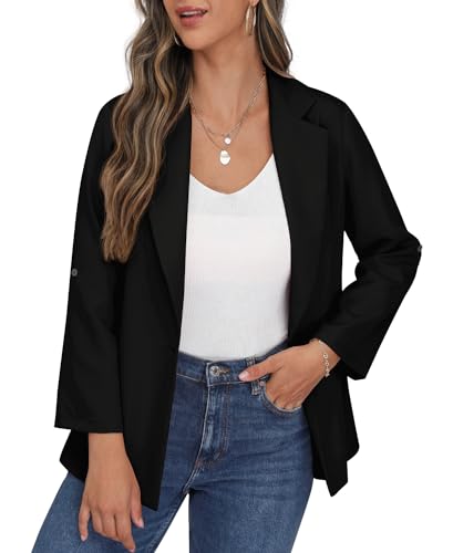PrinStory Womens Blazer Suit Open Front Cardigan Adjustable Sleeve Work Office Blazer Jacket with Buttons Pockets (Black, 18-20)