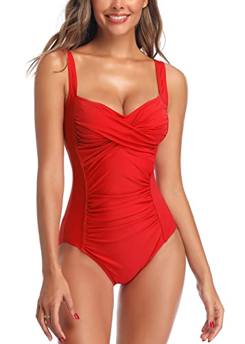 Joweechy Womens One Piece Swimsuit Tummy Control Swimming Costume Vintage Twist Ruched Swimwear Bathing Suit Plus Size(M,R)