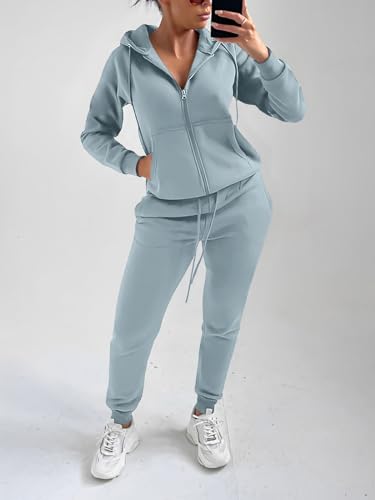 REORIA Women Zip Up Hoodie and Slim Long Pants Warm Cotton Lounge Wear Sets Two Piece Outfit Thick Long Sleeve Tracksuits Full Set Co Ord Sets With Pockets Mist Blue L