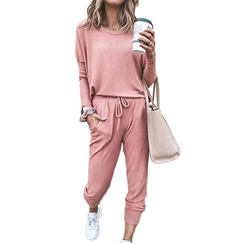 SotRong 2PCS Tracksuit for Women Ladies Casual Loungewear Pyjamas Set Long Sleeve Sweatshirt +Baggy Pants Teen Girls Sport Set Outfit Suit Pink L