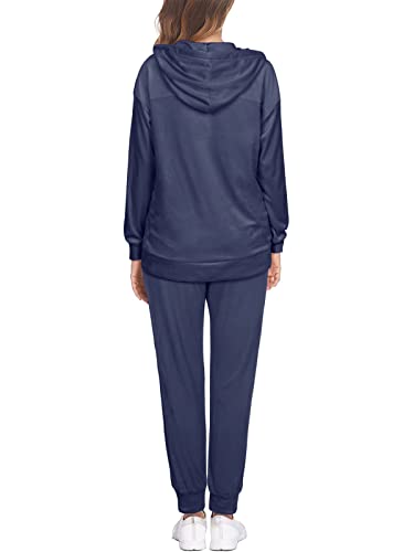 REORIA Womens Long Sleeve Hoodie Jogger Crewneck Two Piece Outfit Tracksuit Solid Color Sweatshirt and Sweatpants Set Navy Blue XL