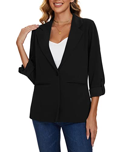 MINTLIMIT Women's Suits & Blazers Long Sleeve Ladies Jackets Elegant Linen Lapel Suit Roll-up Sleeve Size 12 14 (B-Black M)