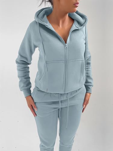 REORIA Women Zip Up Hoodie and Slim Long Pants Warm Cotton Lounge Wear Sets Two Piece Outfit Thick Long Sleeve Tracksuits Full Set Co Ord Sets With Pockets Mist Blue L