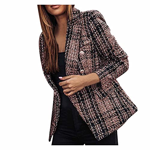 AMhomely Jackets for Women UK Clearance, Women Business Vintage Print Suit Slim Double Breasted Blazer Jacket Sale Ladies Loose Cardigans Shirt Coat Jackets Trench Topcoats Promotion Brown, XL