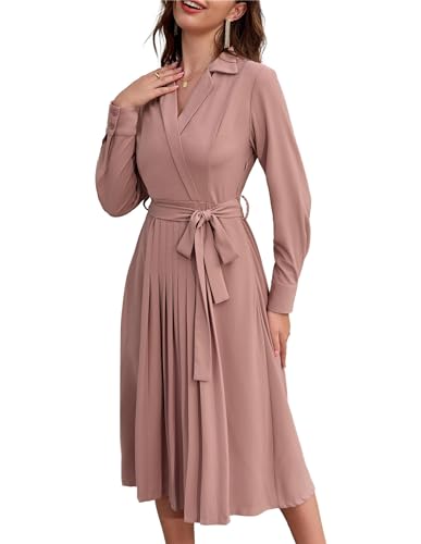 GRACE KARIN Women's Dress Suit for Work Office Formal Long Sleeve Wrap Pleated Cocktail Wedding Guest Dresses L Size 16 Light Pink