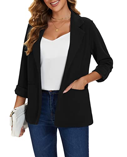 MINTLIMIT Women's Suits & Blazers Long Sleeve Ladies Jackets Elegant Linen Lapel Suit Roll-up Sleeve Size 12 14 (B-Black M)