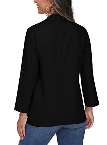 PrinStory Womens Blazer Suit Open Front Cardigan Adjustable Sleeve Work Office Blazer Jacket with Buttons Pockets (Black, 18-20)