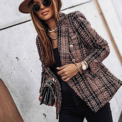 AMhomely Jackets for Women UK Clearance, Women Business Vintage Print Suit Slim Double Breasted Blazer Jacket Sale Ladies Loose Cardigans Shirt Coat Jackets Trench Topcoats Promotion Brown, XL