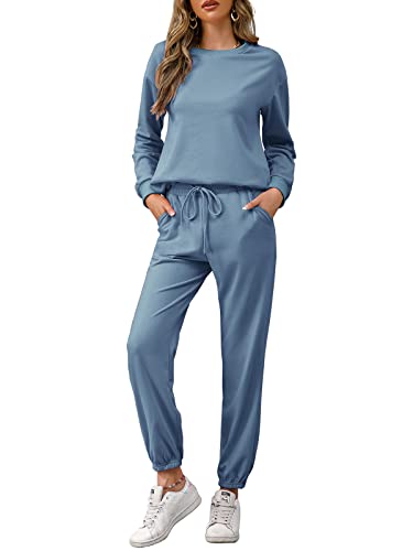REORIA Womens Long Sleeve Crewneck Solid Color Two Piece Outfit Hoodie Jogger Tracksuit Set Sweatshirt & Sweatpants Grey Blue M