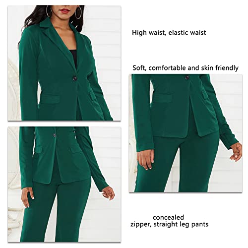 Cocoarm Women's Suit 2 Piece Slim Fit One Button Jacket Office Work Trouser Suits Skirt Suits Business Suits Long Sleeved Suit Jacket and Suit Trousers Lapel Slim-fit Trousers (XL) Green