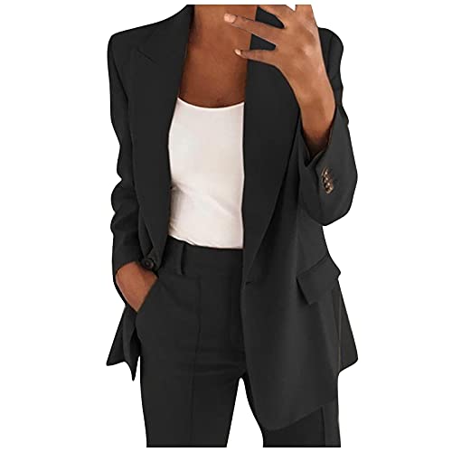 AMhomely Blazer Jackets for Women UK Clearance Women Solid Lapel Suit Long Sleeves Coat Cardigan Tops Tailored Coat Plus Size Sale Ladies Casual Elegant Open Front Cardigans Blazer Suits Black, L