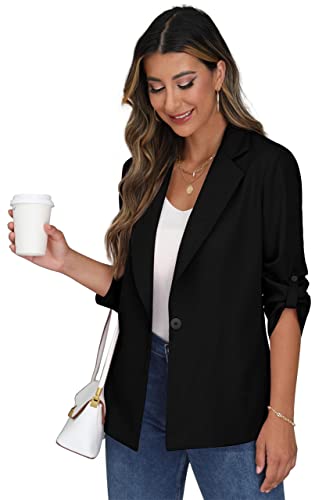 PrinStory Womens Blazer Suit Open Front Cardigan Adjustable Sleeve Work Office Blazer Jacket with Buttons Pockets (Black, 18-20)